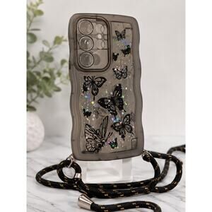 Samsung Galaxy S25 Ultra Crossbody Case Strap Butterfly Wavy Shockproof